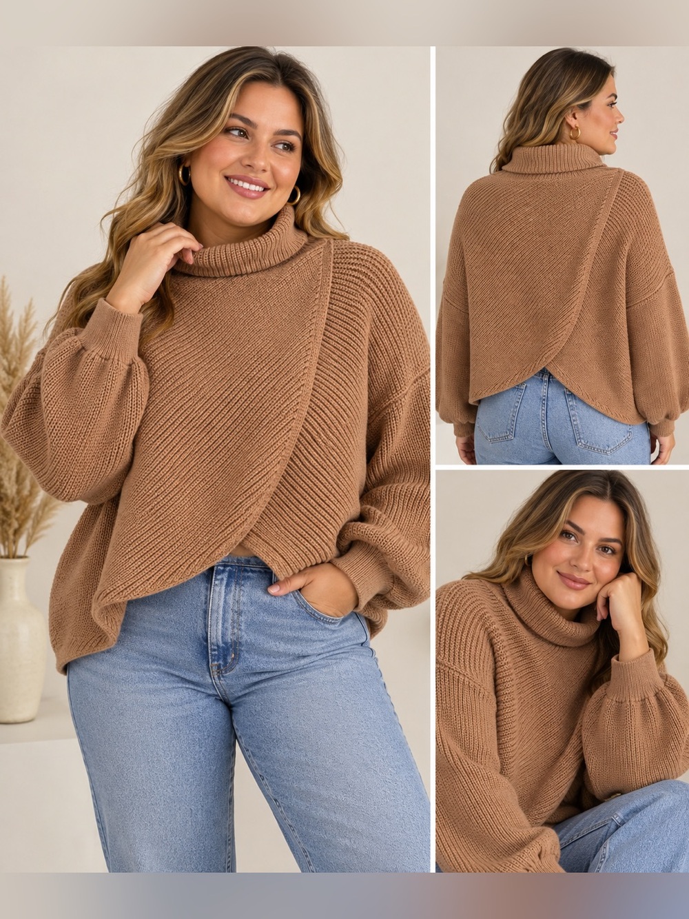 Women's Turtleneck Balloon Sleeve Sweater in Camel